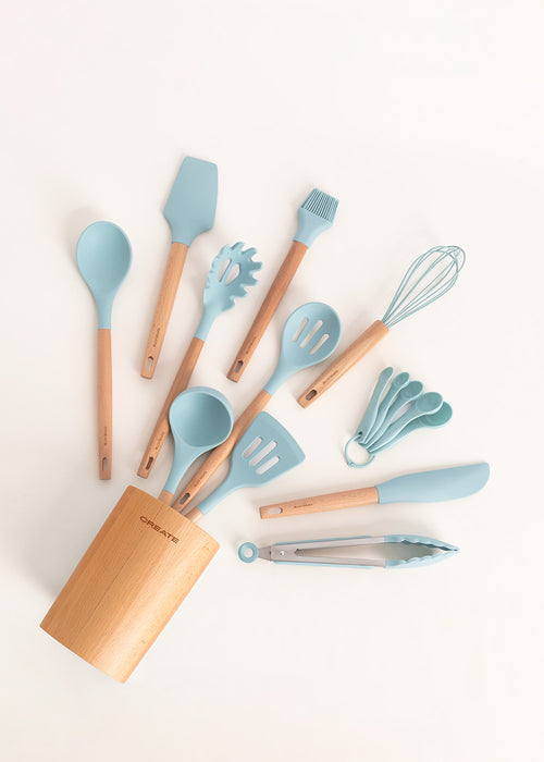 Kitchenware Studio - Ustensiles de cuisine en silicone et bois - Bleu Pastel