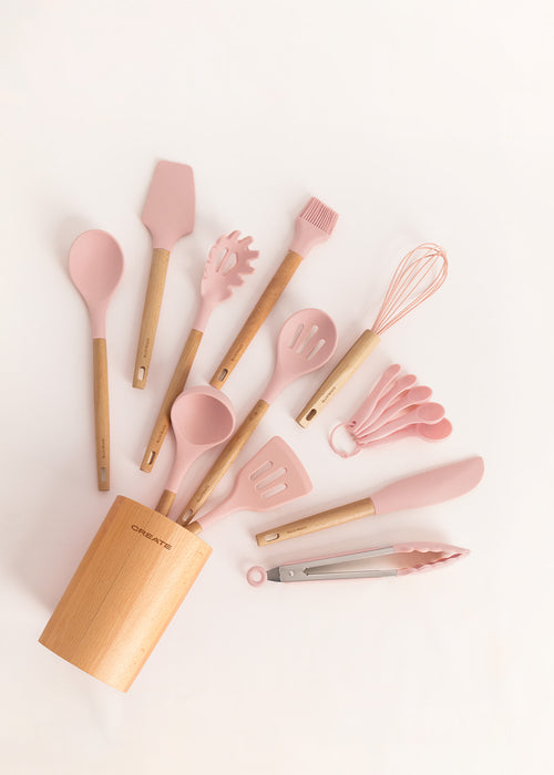 Kitchenware Studio - Ustensiles de cuisine en silicone et bois - Rose Pastel