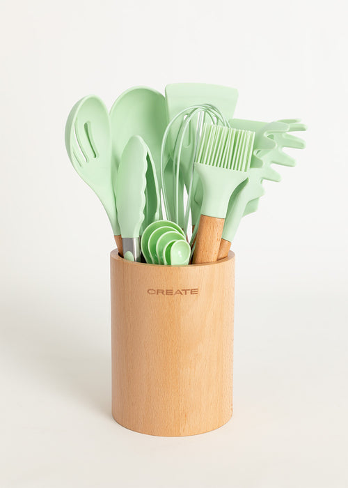 Kitchenware Studio - Ustensiles de cuisine en silicone et bois - Vert Pastel