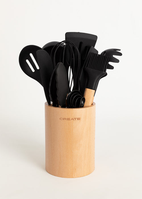 Kitchenware Studio - Ustensiles de cuisine en silicone et bois - Noir