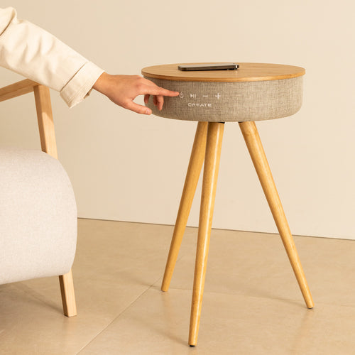 Speaker Table 360 - Mesa altavoz, sonido omnidireccional 360º, Bluetooth y cargador inalámbrico - Madera natural